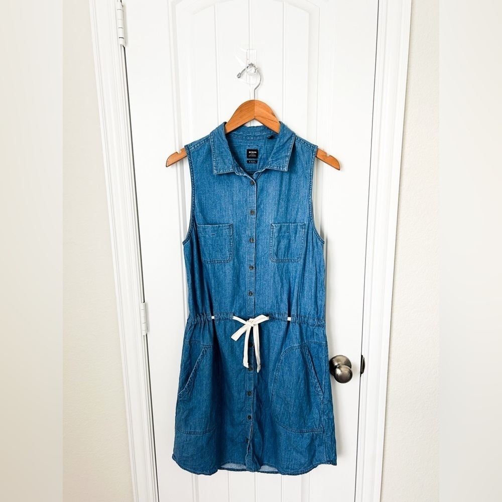 Prana Sunrise Peak Denim Tie Waist Button Down Dress with Pockets Size Small - Picture 2 of 4